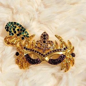 Mardi Gras Multicolor Crystal Gold-Tone Mask Brooch.